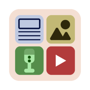 Icons showing a blog, a photo, a microphone, and a video play button