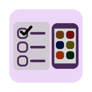 Icon showing a survey with a checkmark and a smartphone next to it