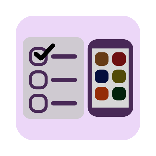 Icon showing a survey with a checkmark and a smartphone next to it