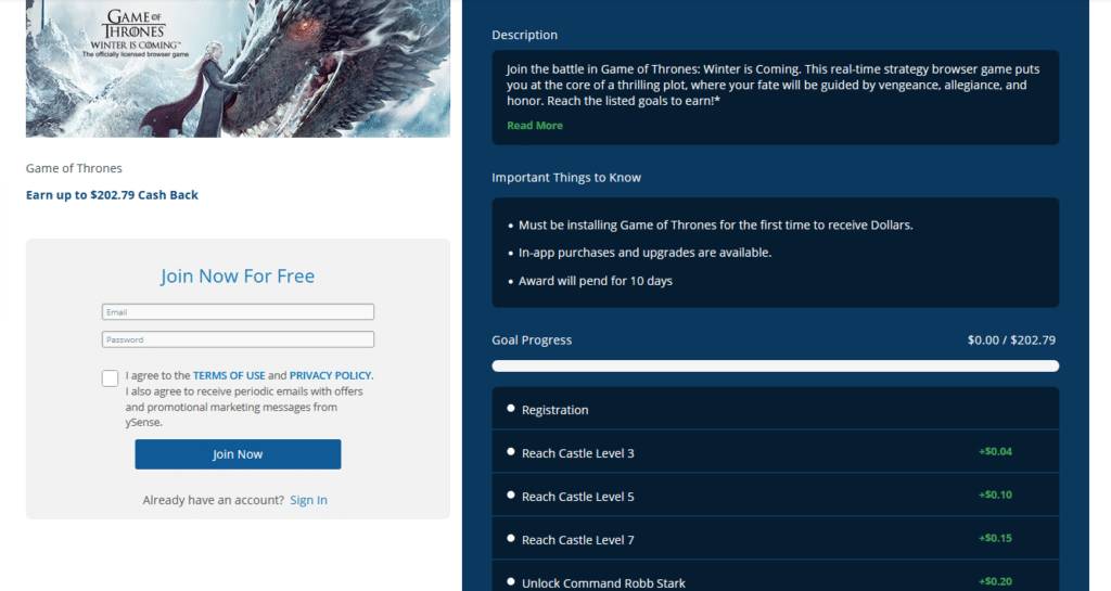 Screenshot of a ySense offer's details
