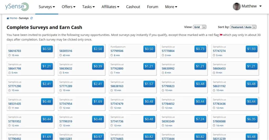 Screenshot of the Surveys page on ysense.com