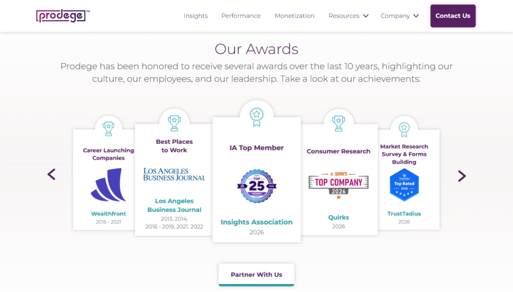 Screenshot of prodege.com's About page, showing the company's awards