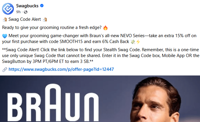 Screenshot of a link to a Swag Code on a Facebook post