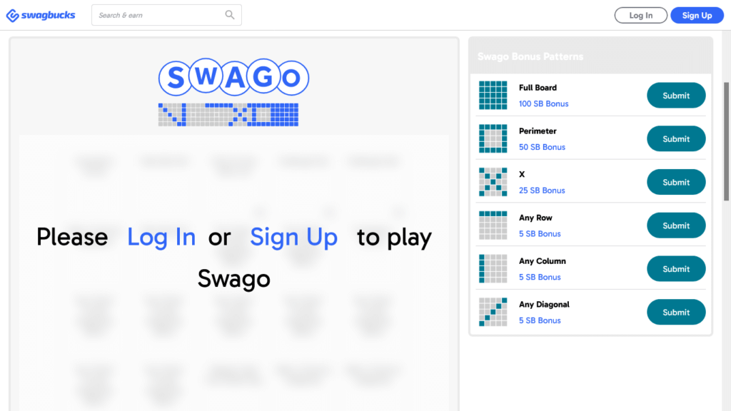 Screenshot of the Swago Board interface on Swagbucks