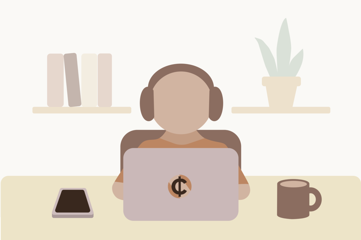 A person working at home on their laptop, with a coffee mug and a smartphone nearby